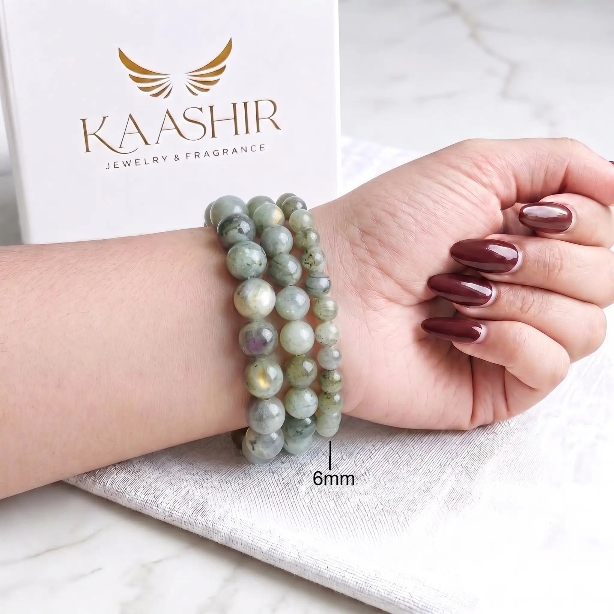 Labradorite bracelet 6mm beads worn on wrist — natural gemstone bracelet Kaashir
