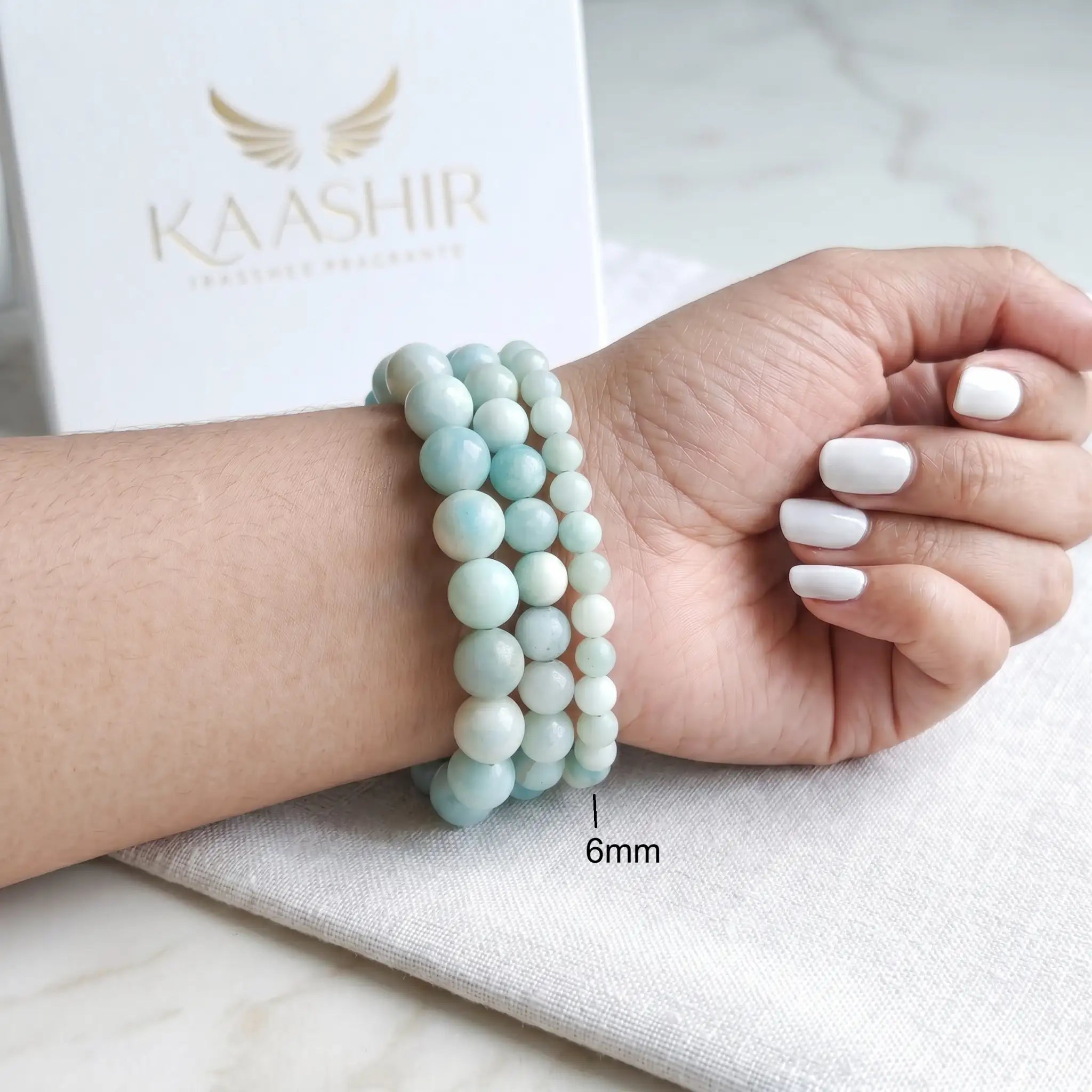 Amazonite 6mm Beaded Gemstone Bracelet worn on wrist – Kaashir Jewelry