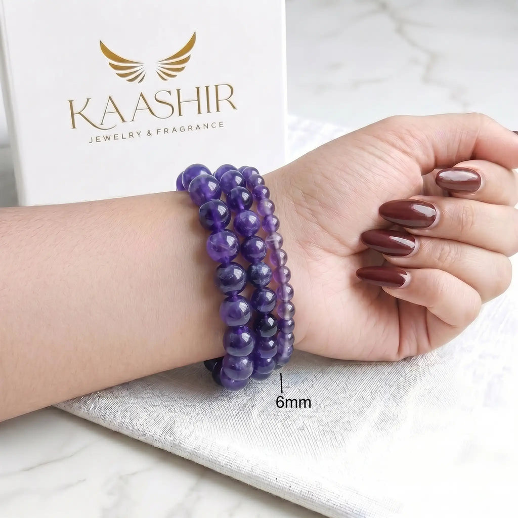 Amethyst 6mm Beaded Gemstone Bracelet worn on wrist – Kaashir Jewelry