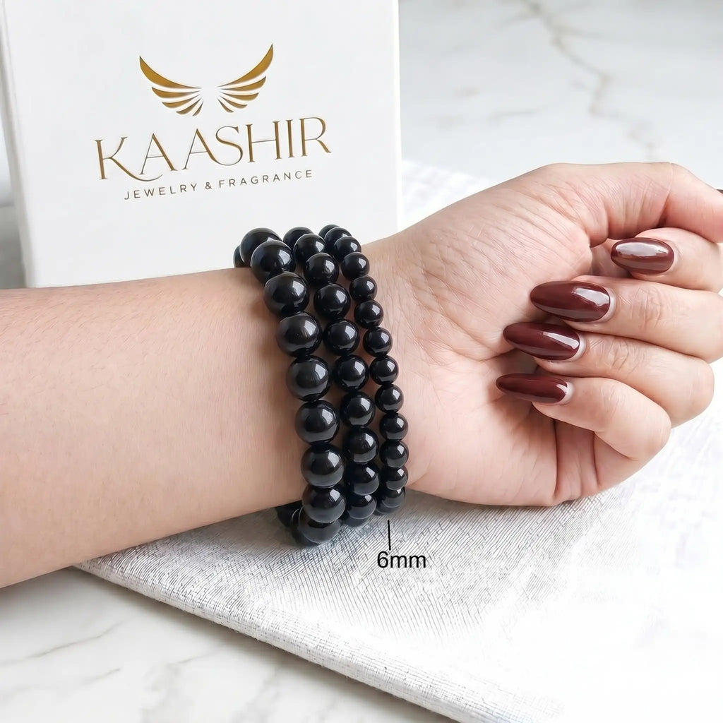 Black Agate 6mm Beaded Gemstone Bracelet worn on wrist – Kaashir Jewelry