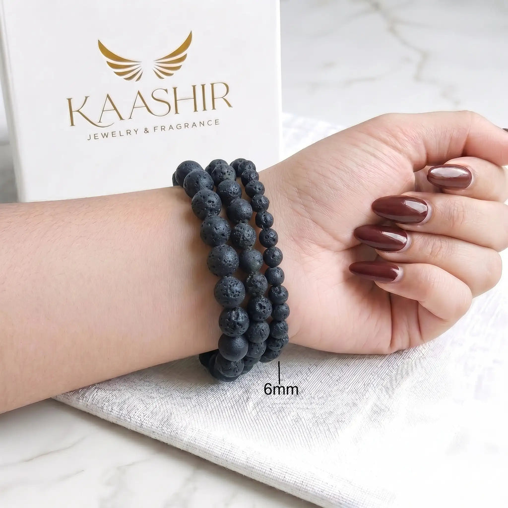 Black Lava Stone 6mm Beaded Gemstone Bracelet worn on wrist – Kaashir Jewelry