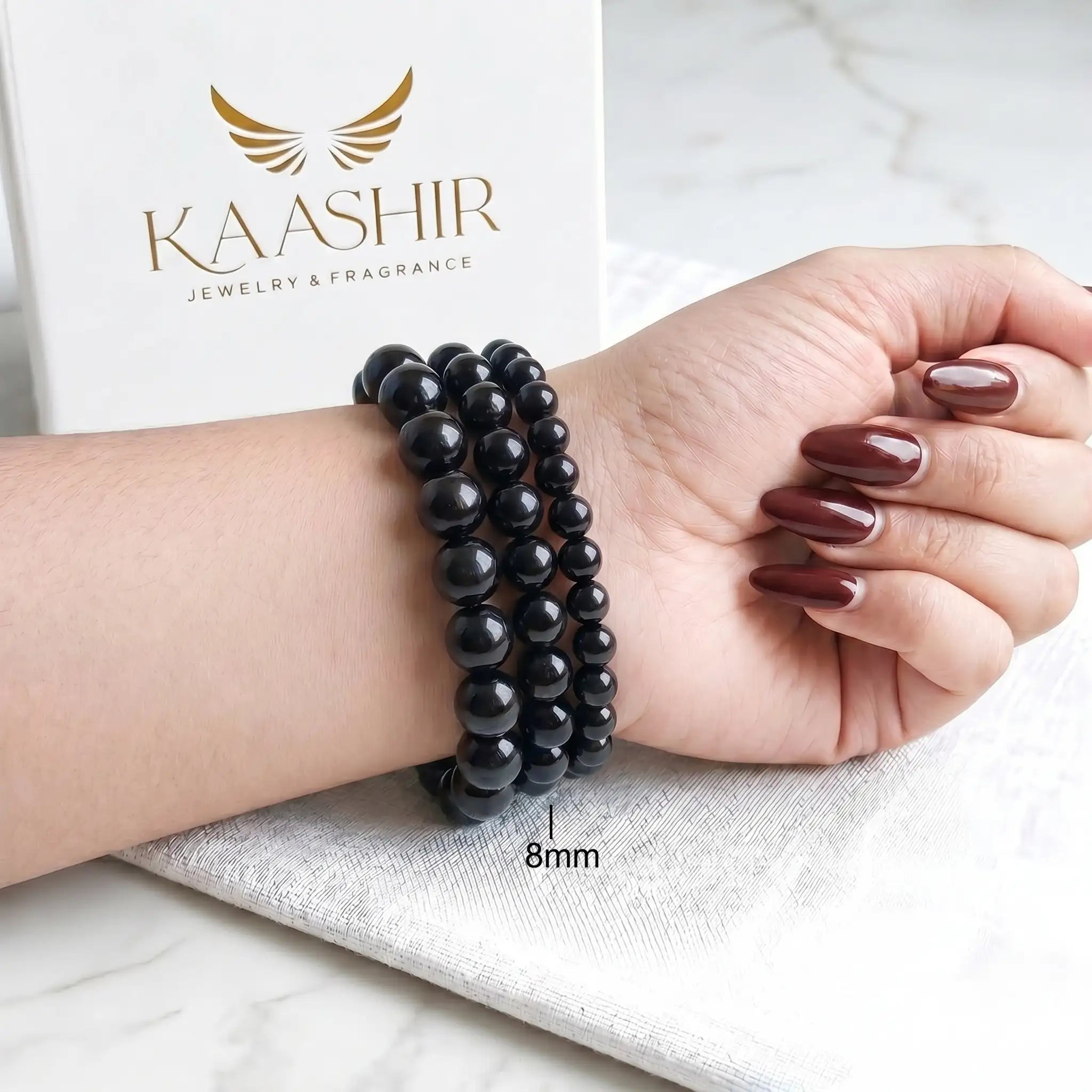 Black Obsidian 8mm Beaded Gemstone Bracelet worn on wrist – Kaashir Jewelry