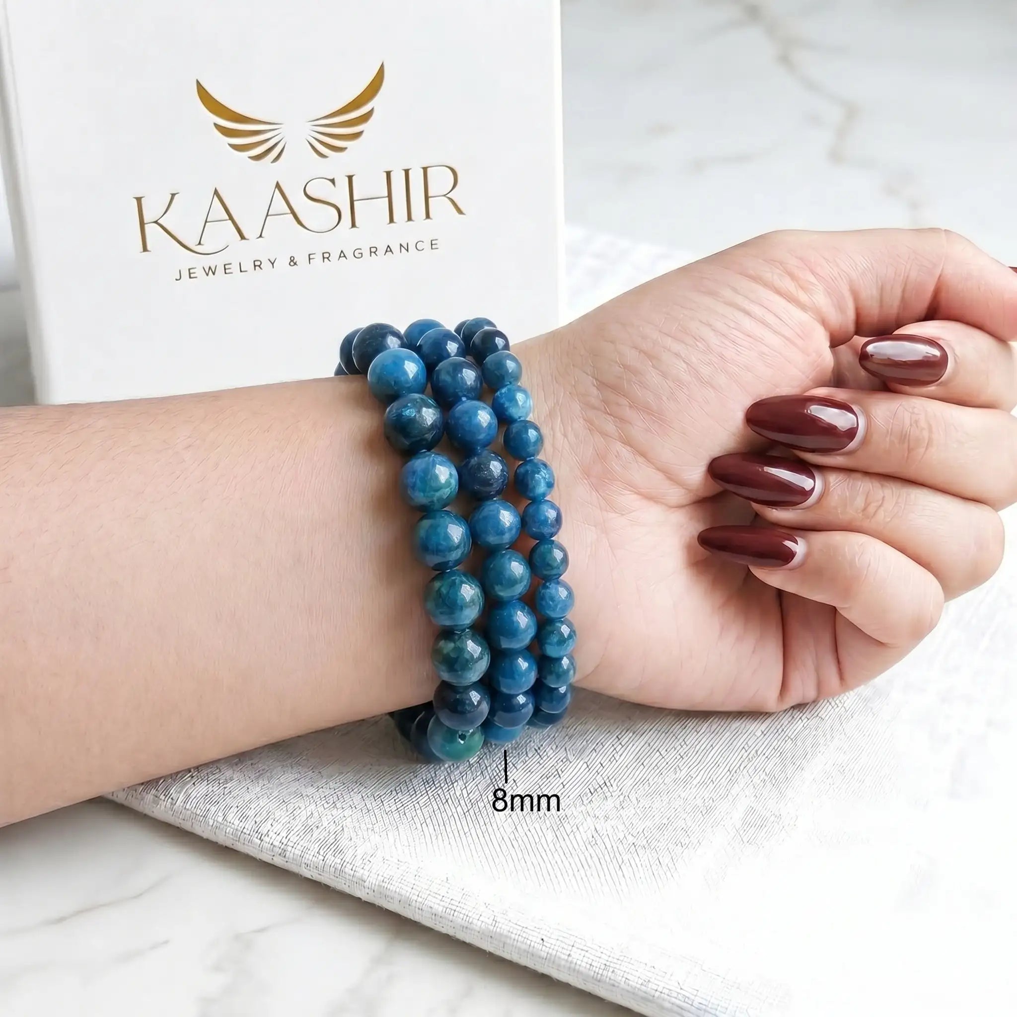 Blue Apatite 8mm Beaded Gemstone Bracelet worn on wrist – Kaashir Jewelry