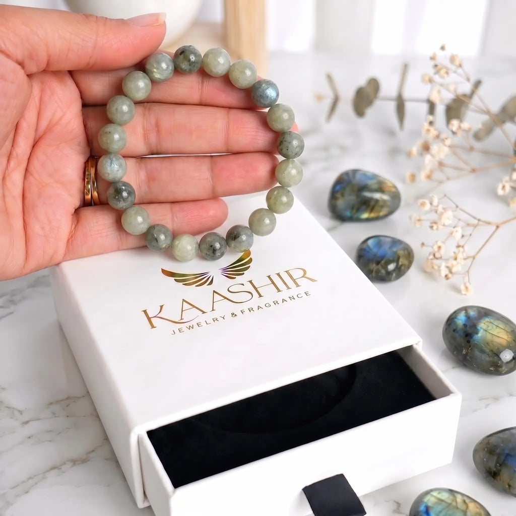 Labradorite bracelet in Kaashir gift box — premium gemstone bracelet packaging