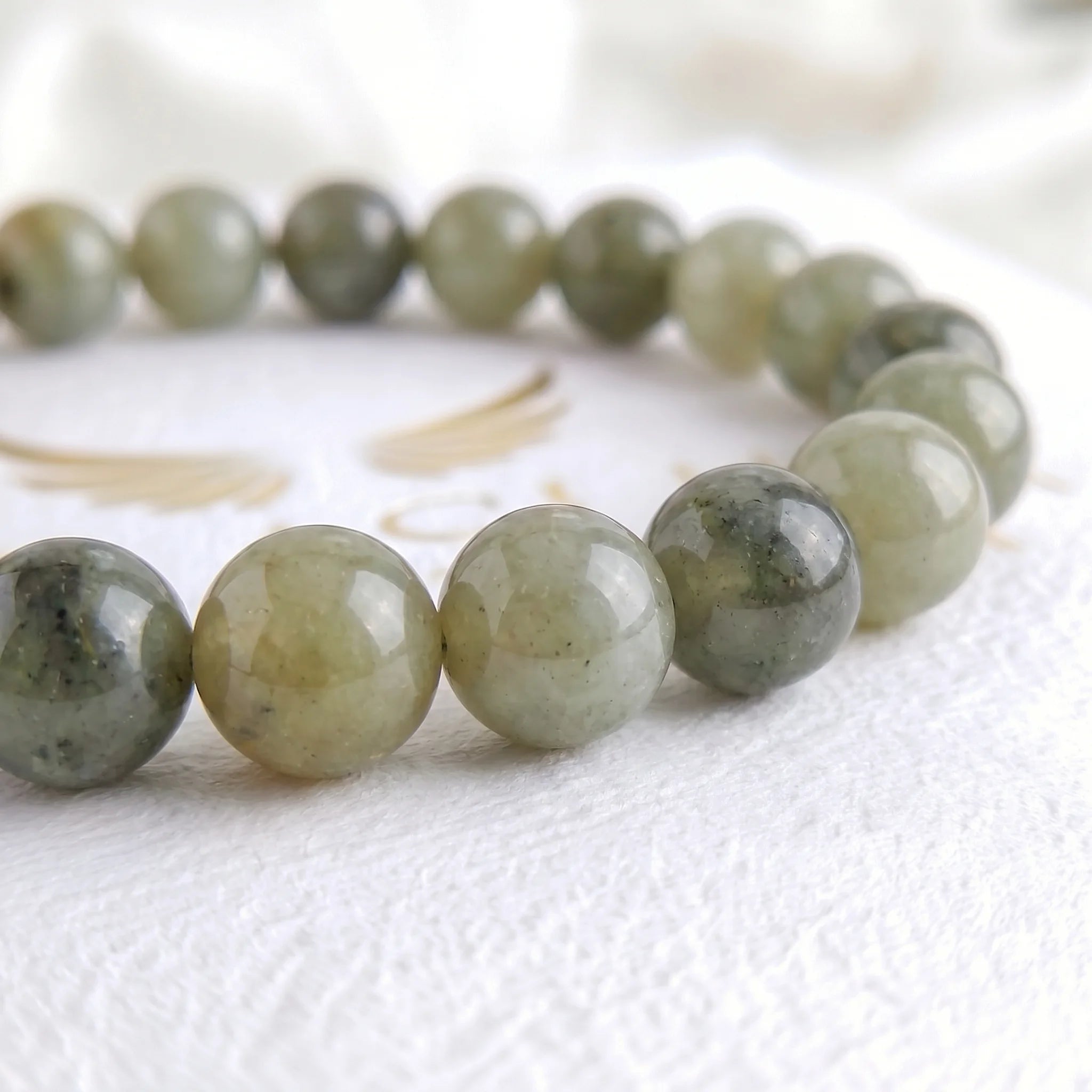 Close-up of natural labradorite beads showing colour variation — Kaashir gemstone bracelet