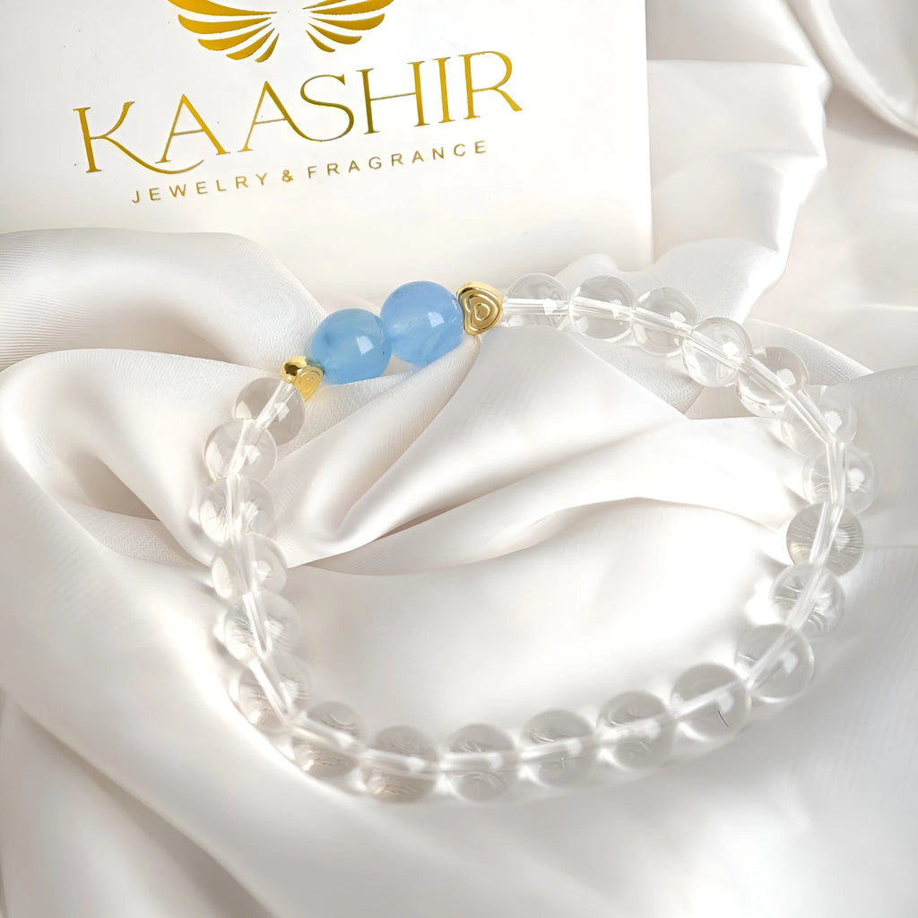 Natural beaded aquamarine and clear quartz crystal bracelet detail