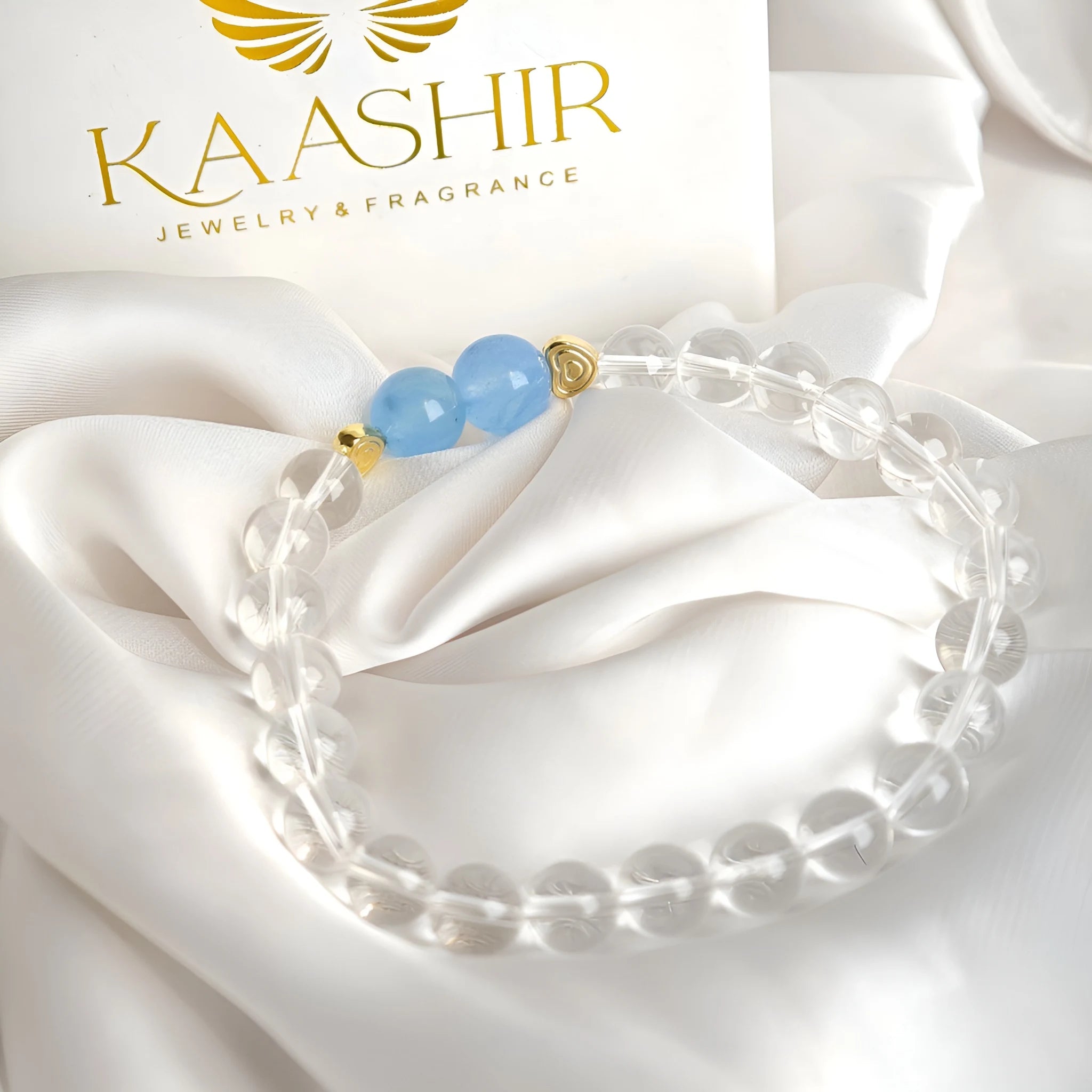 Natural beaded aquamarine and clear quartz crystal bracelet detail