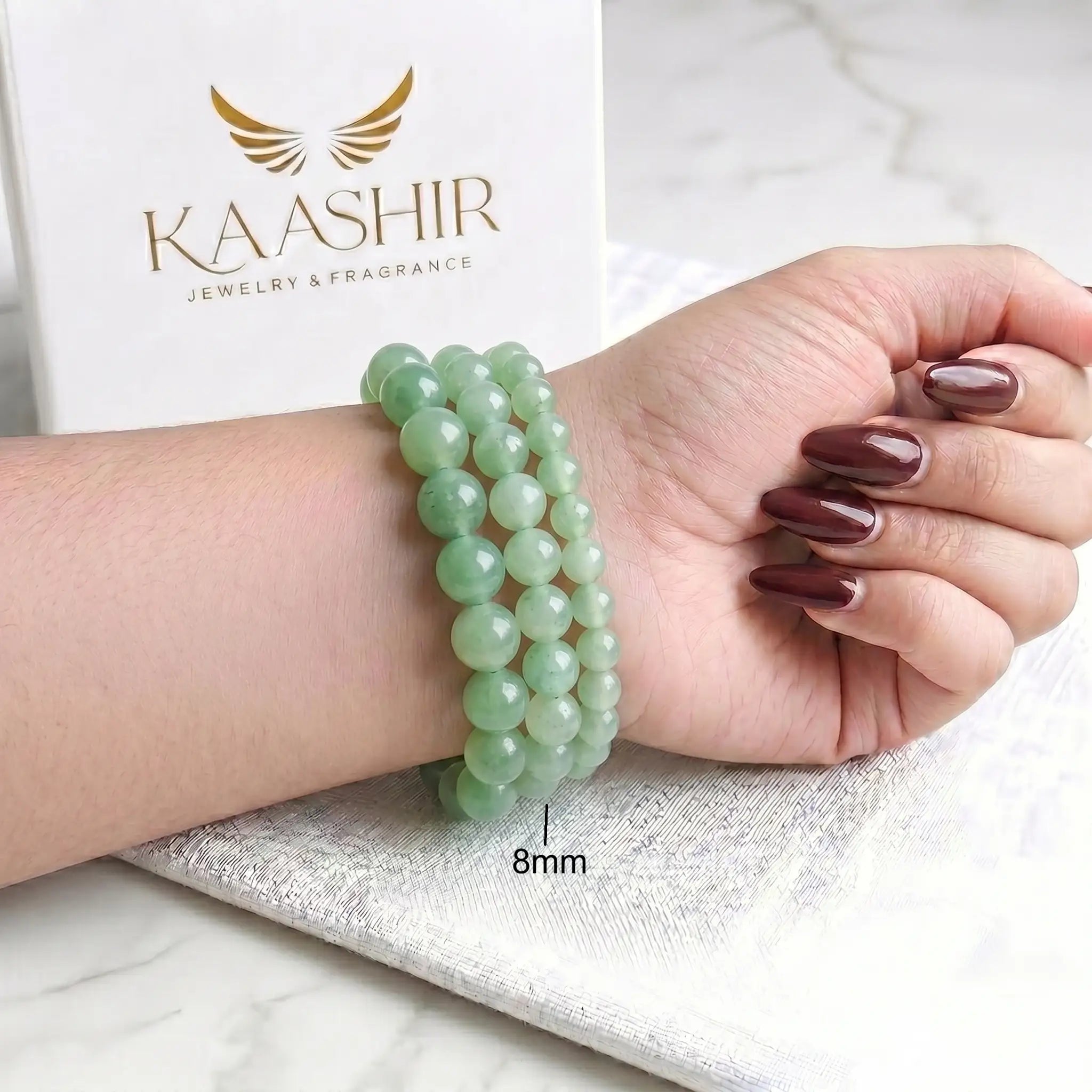 Green Aventurine 8mm Beaded Gemstone Bracelet worn on wrist – Kaashir Jewelry