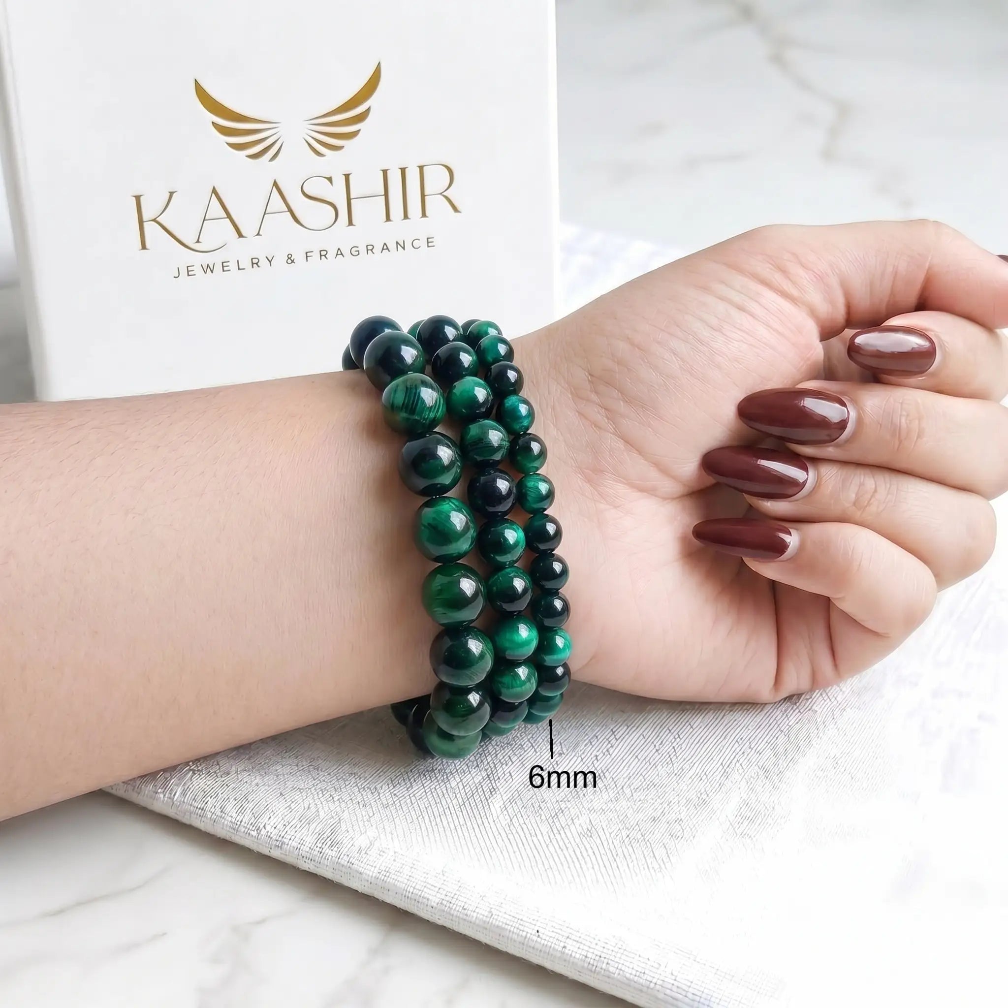 Green Tiger Eye 6mm Beaded Gemstone Bracelet worn on wrist – Kaashir Jewelry