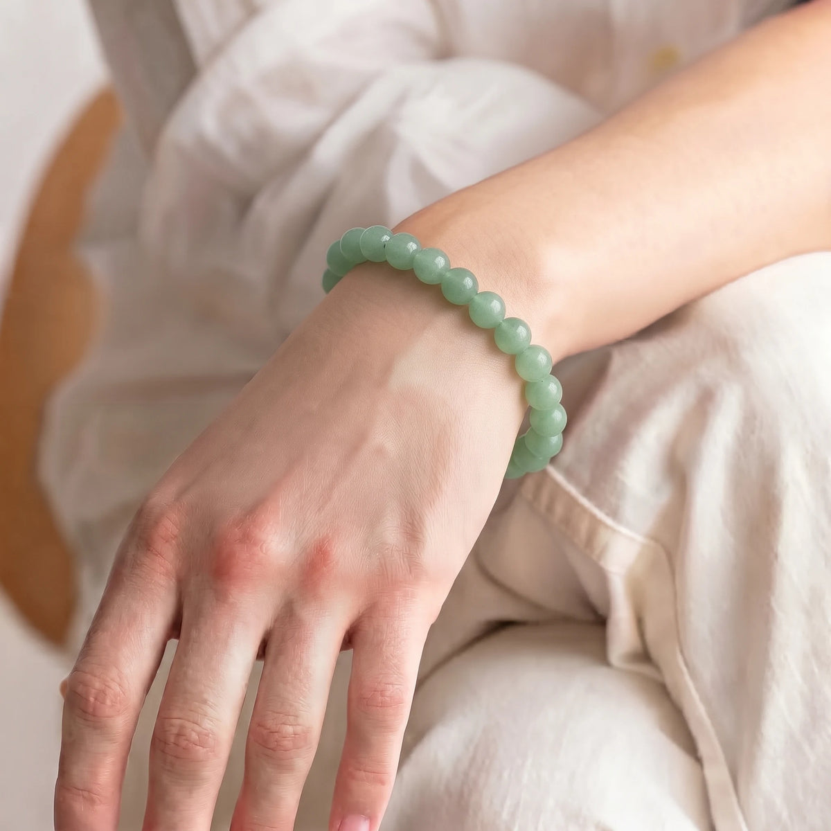 Green Aventurine 8mm Beaded Gemstone Bracelet worn on wrist – Kaashir Jewelry