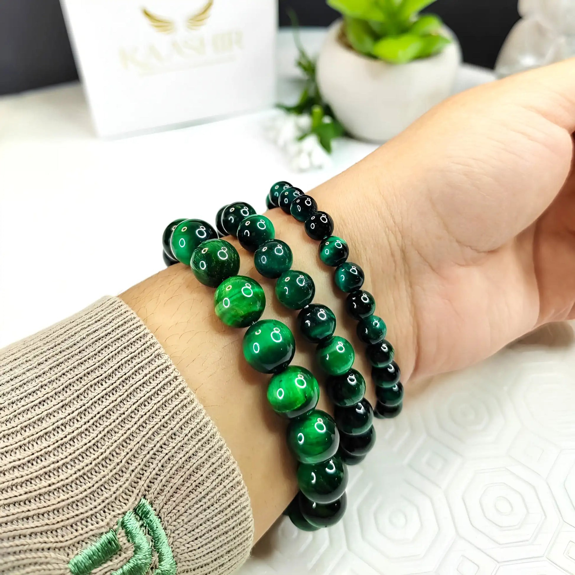 Green Tigers Eye Bracelet –Handmade Beaded Stone Jewelry for Men&Women - Kaashir Jewelry & Fragrance