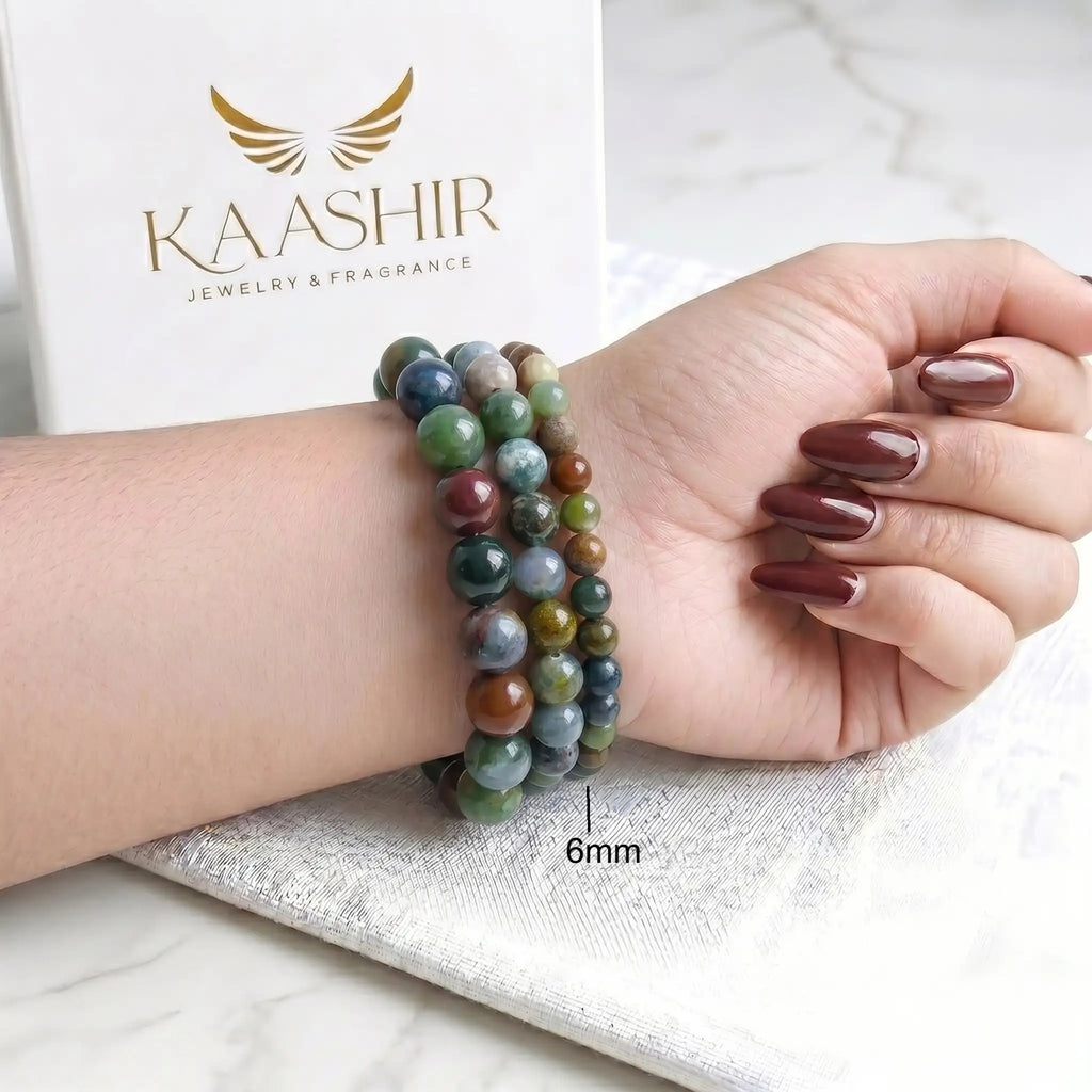 Indian Agate 6mm Beaded Gemstone Bracelet worn on wrist – Kaashir Jewelry