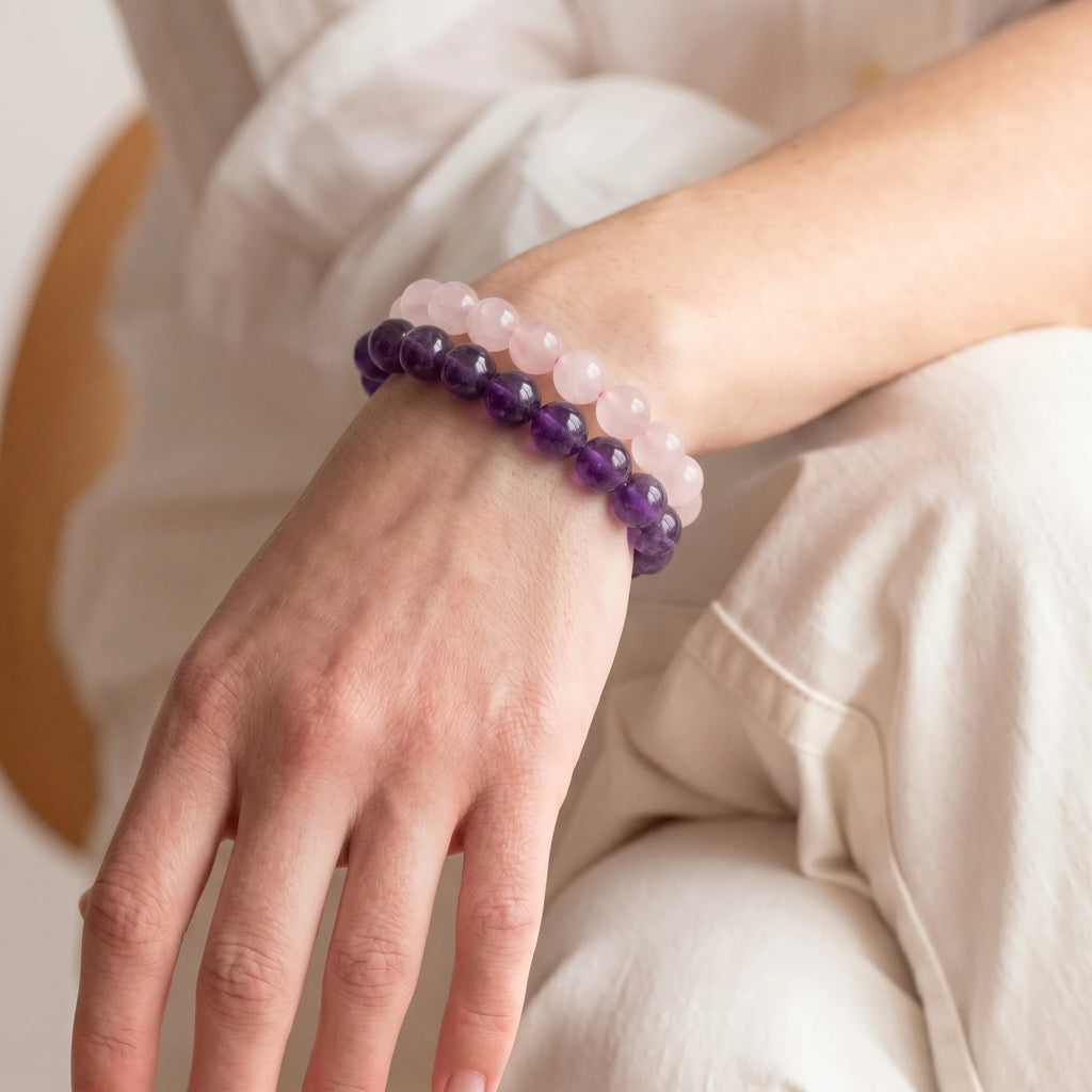 Amethyst & Rose Quartz Bracelet Set for Women – 8mm