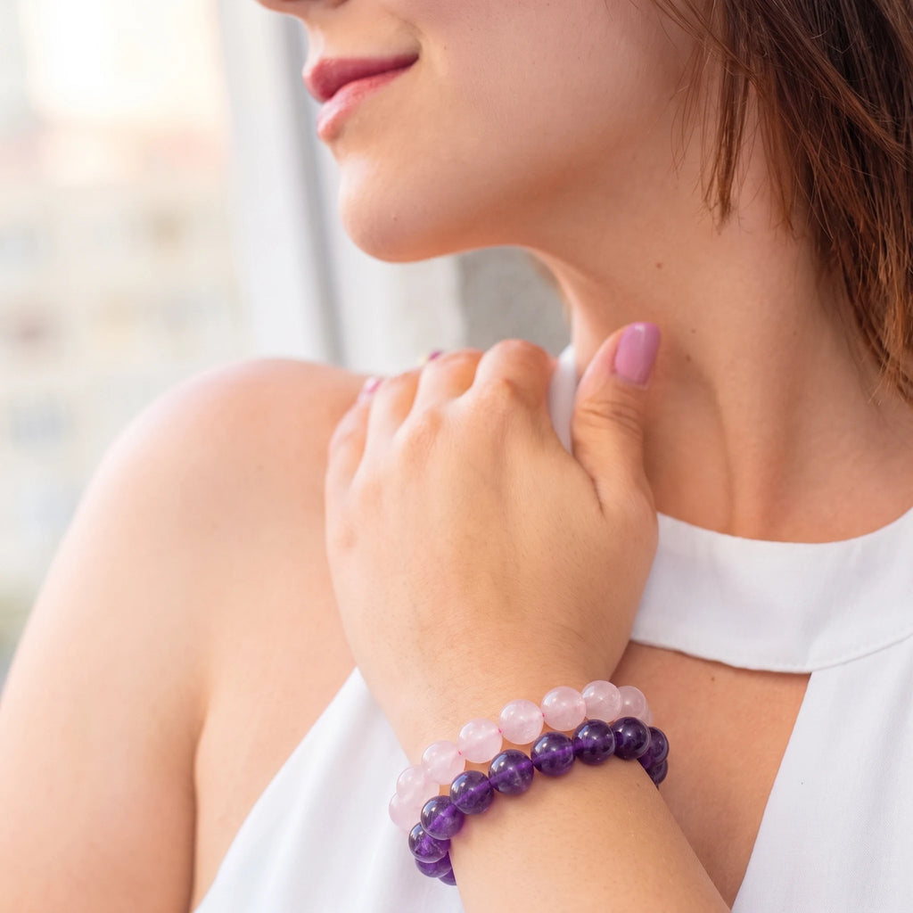 Amethyst & Rose Quartz Bracelet Set for Women – 8mm