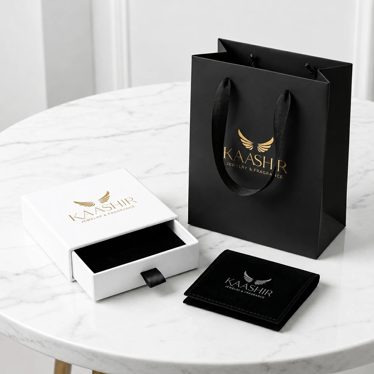 Kaashir bracelet premium packaging – white drawer box with gold foil by 