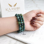 Moss Agate 6mm Beaded Gemstone Bracelet worn on wrist – Kaashir Jewelry