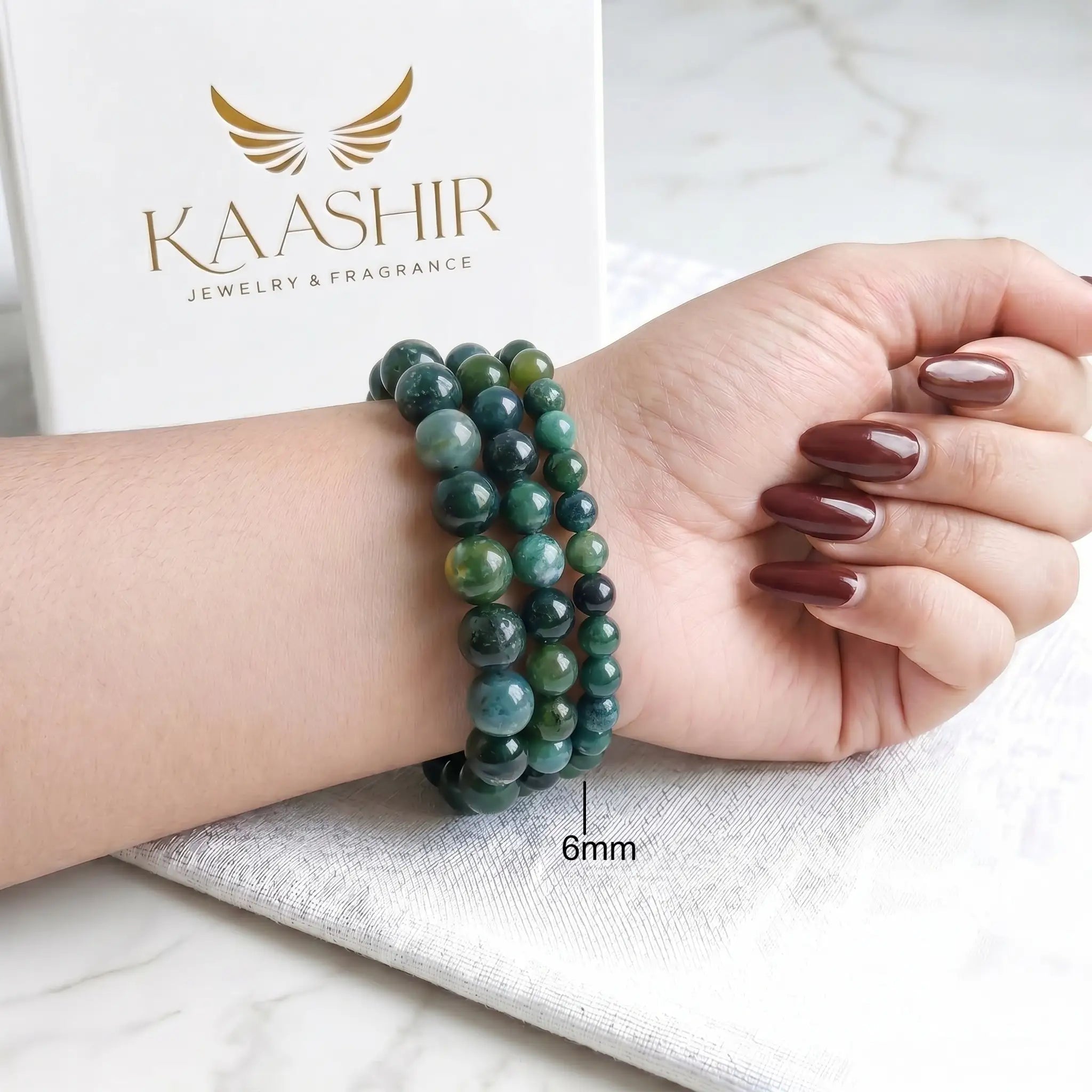 Moss Agate 6mm Beaded Gemstone Bracelet worn on wrist – Kaashir Jewelry