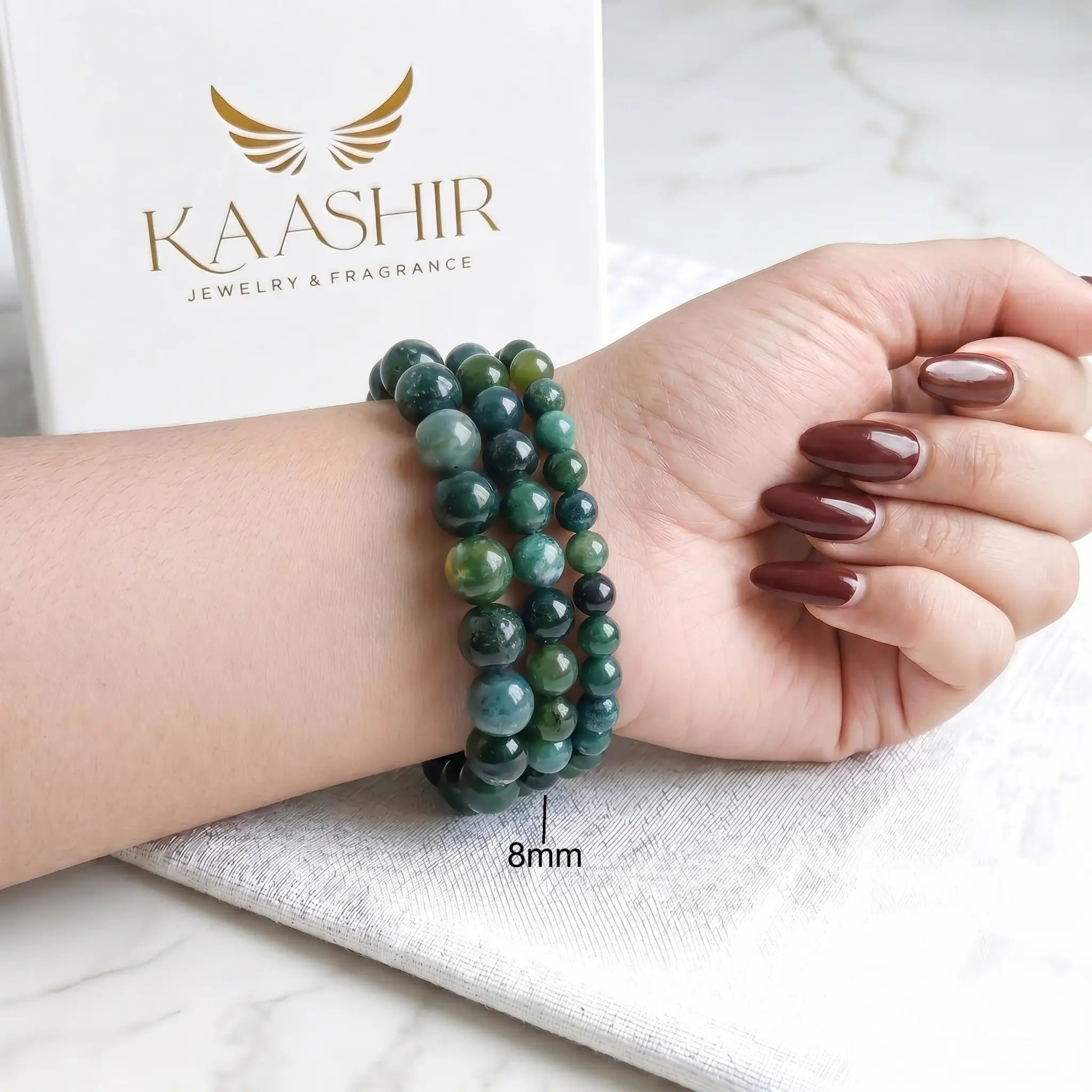 Moss Agate 8mm Beaded Gemstone Bracelet worn on wrist – Kaashir Jewelry
