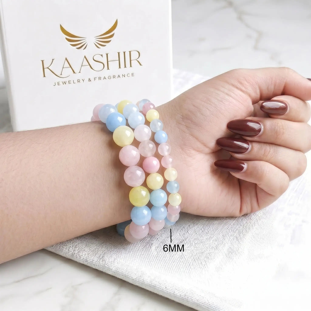 Multi Morganite 6mm Beaded Gemstone Bracelet worn on wrist – Kaashir Jewelry