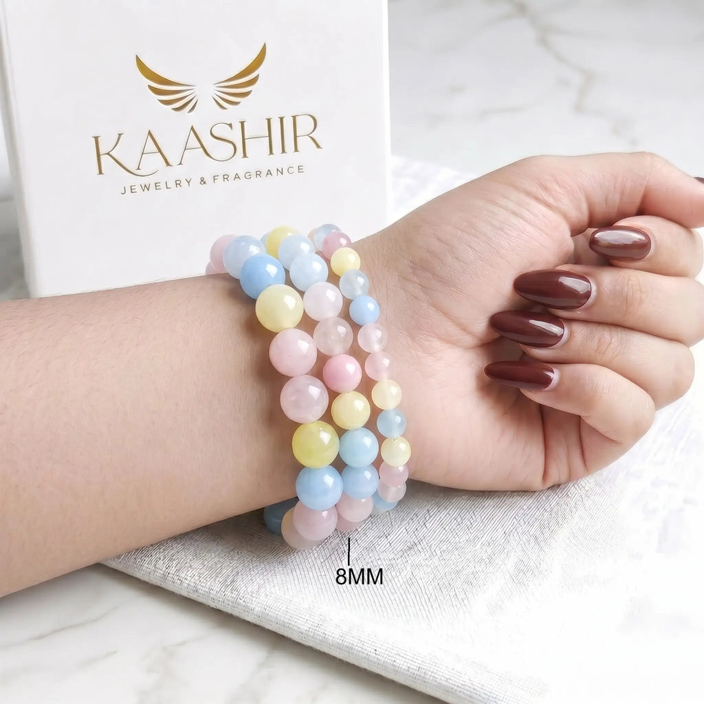 Multi Morganite 8mm Beaded Gemstone Bracelet worn on wrist – Kaashir Jewelry