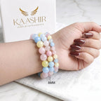 Multi Morganite 8mm Beaded Gemstone Bracelet worn on wrist – Kaashir Jewelry