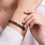 Multi Tiger Eye Yellow Green Blue Pink 6mm Beaded Gemstone Bracelet worn on wrist – Kaashir Jewelry
