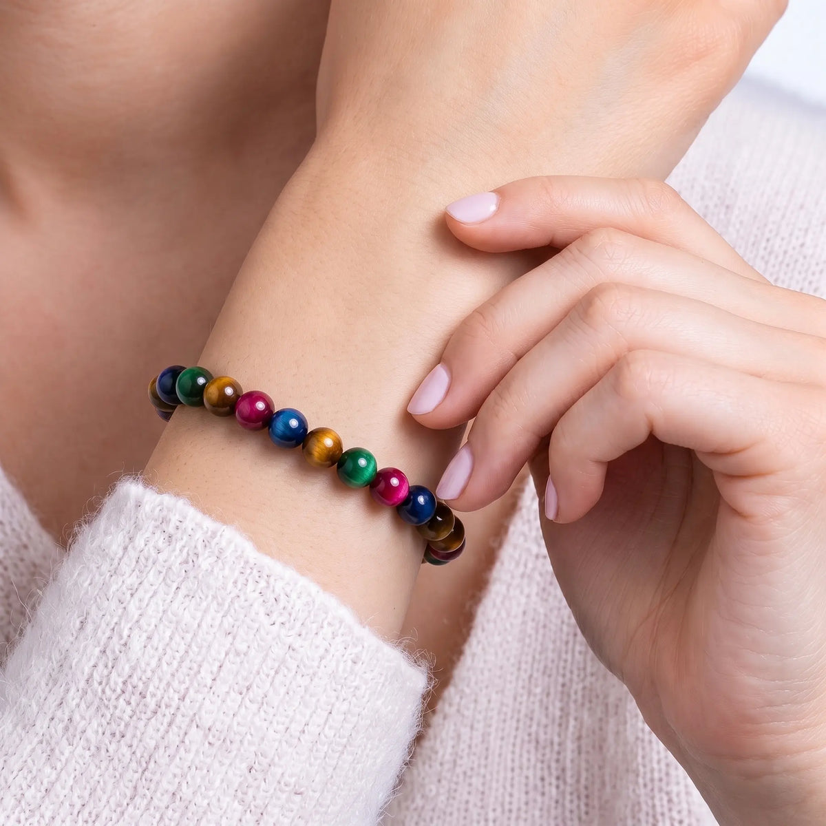 Multi Tiger Eye Yellow Green Blue Pink 6mm Beaded Gemstone Bracelet worn on wrist – Kaashir Jewelry
