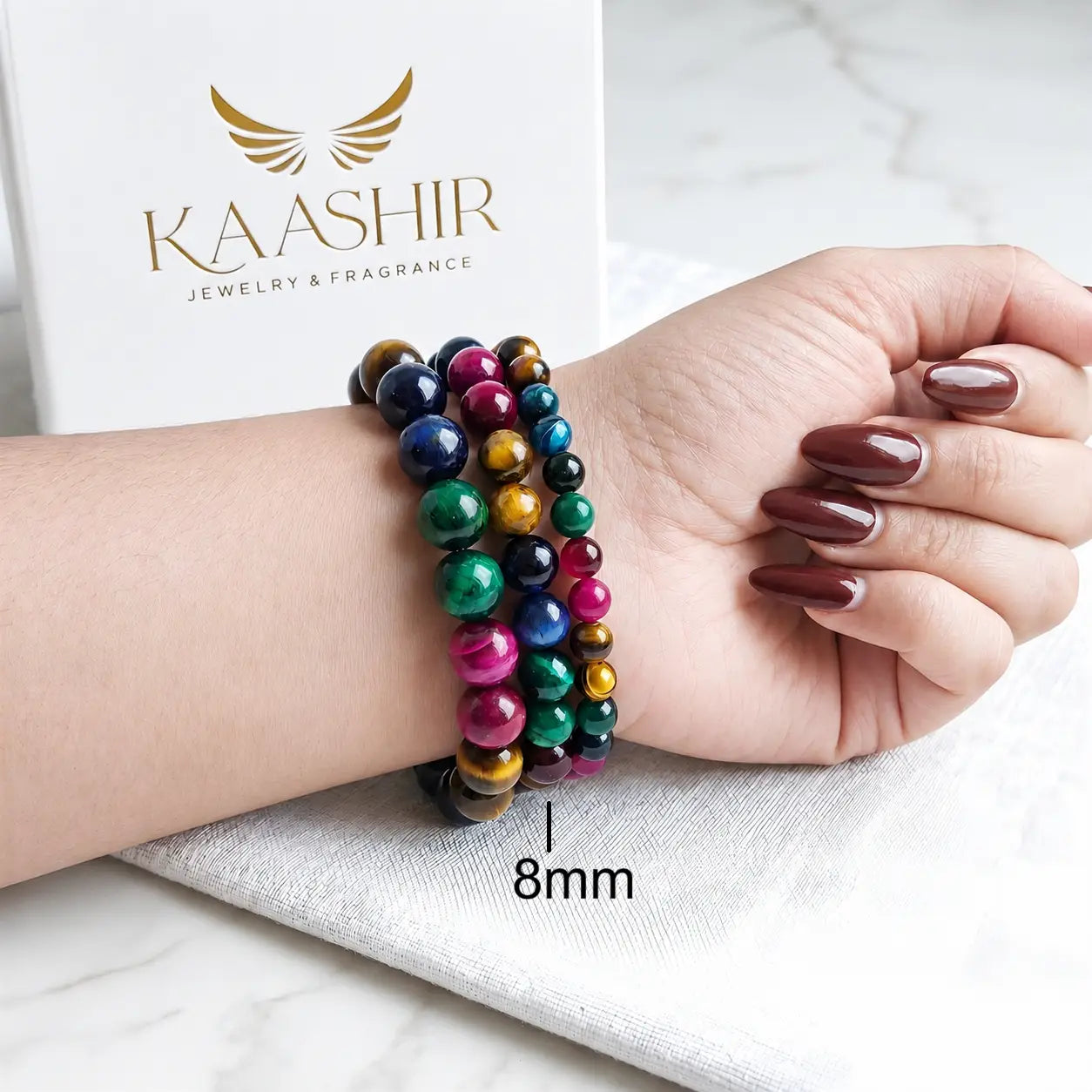 Multi Tiger Eye Yellow Green Blue Pink 8mm Beaded Gemstone Bracelet worn on wrist – Kaashir Jewelry
