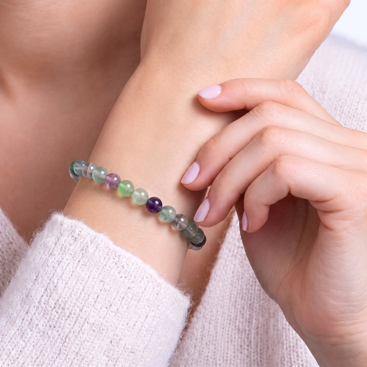 Rainbow Fluorite 6mm Beaded Gemstone Bracelet worn on wrist – Kaashir Jewelry