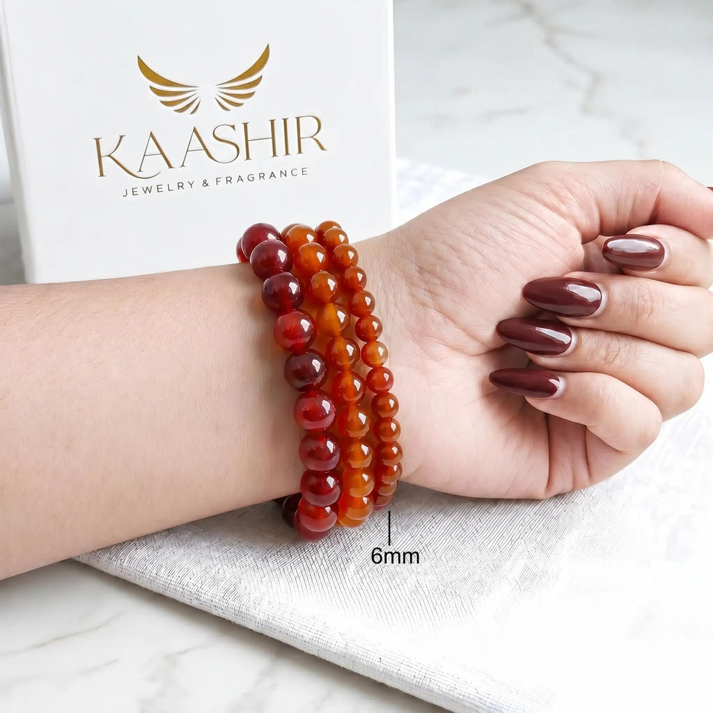 Red Agate 6mm Beaded Gemstone Bracelet worn on wrist – Kaashir Jewelry