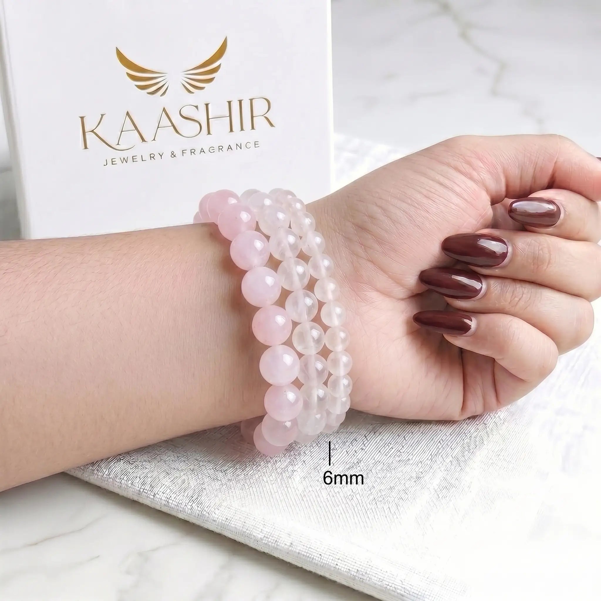 Rose Quartz 6mm Beaded Gemstone Bracelet worn on wrist – Kaashir Jewelry