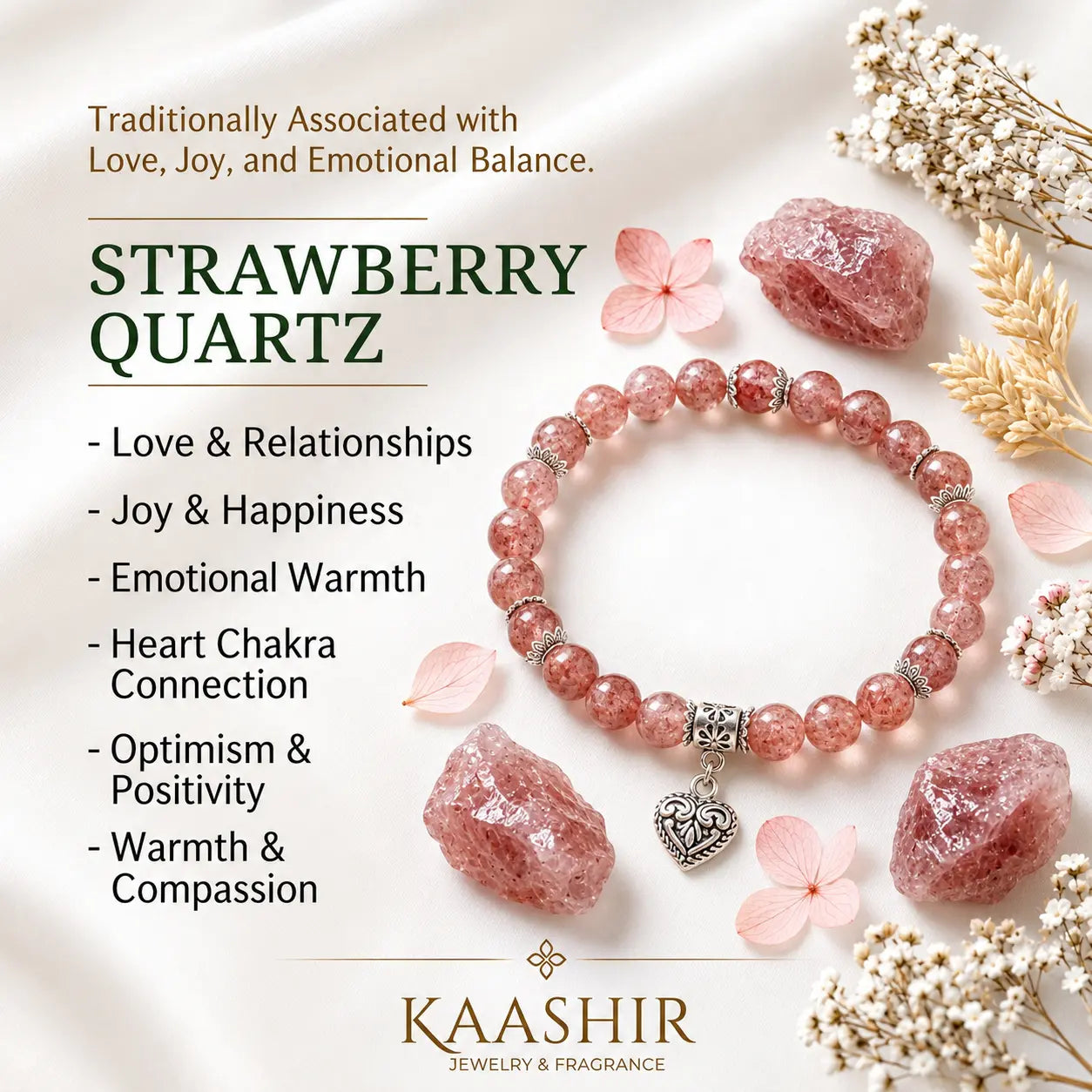 Strawberry quartz heart charm bracelet wrist benefits guide — natural stone bracelet Kaashir