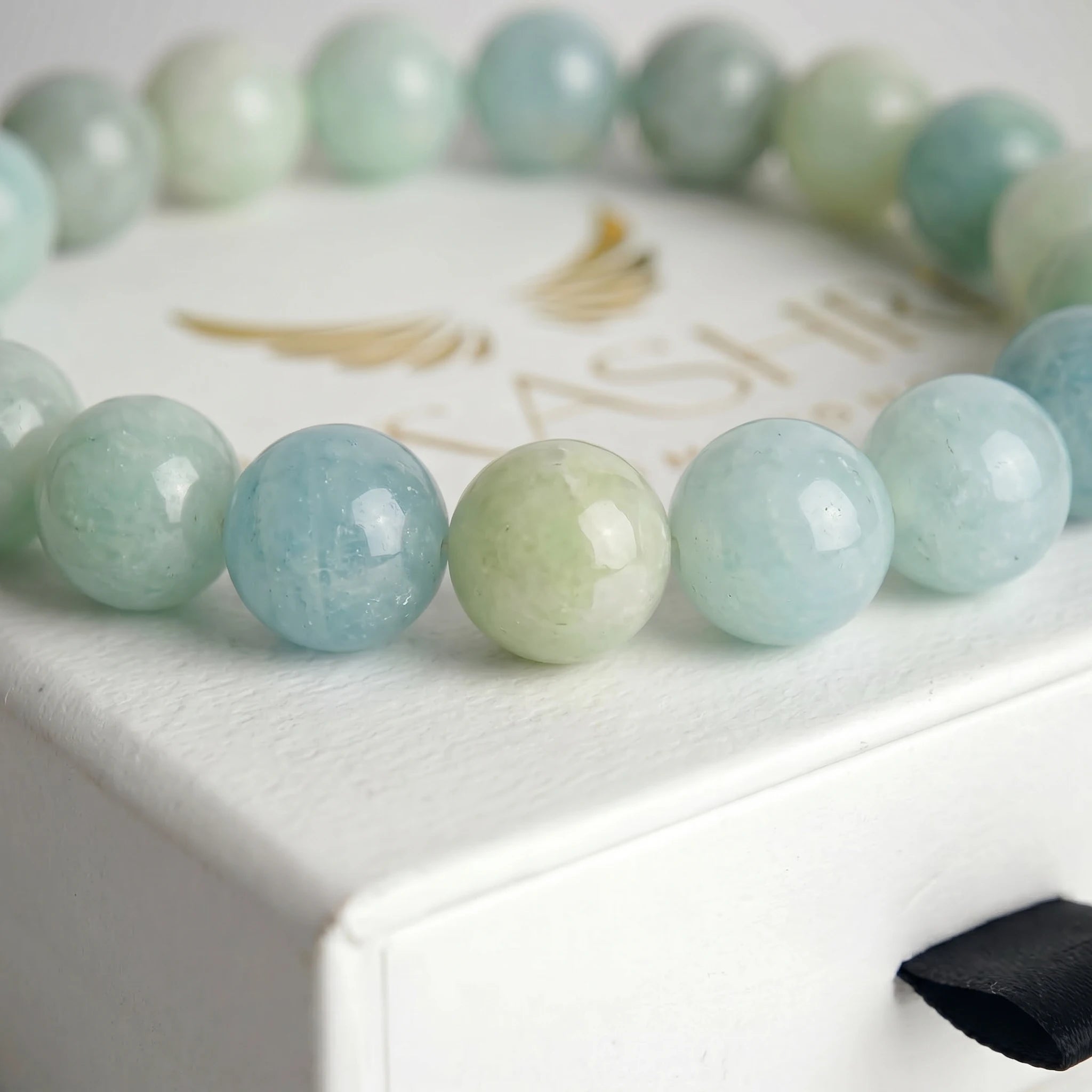 Amazonite bead bracelet close up – soft teal gemstone beads with natural white veining
