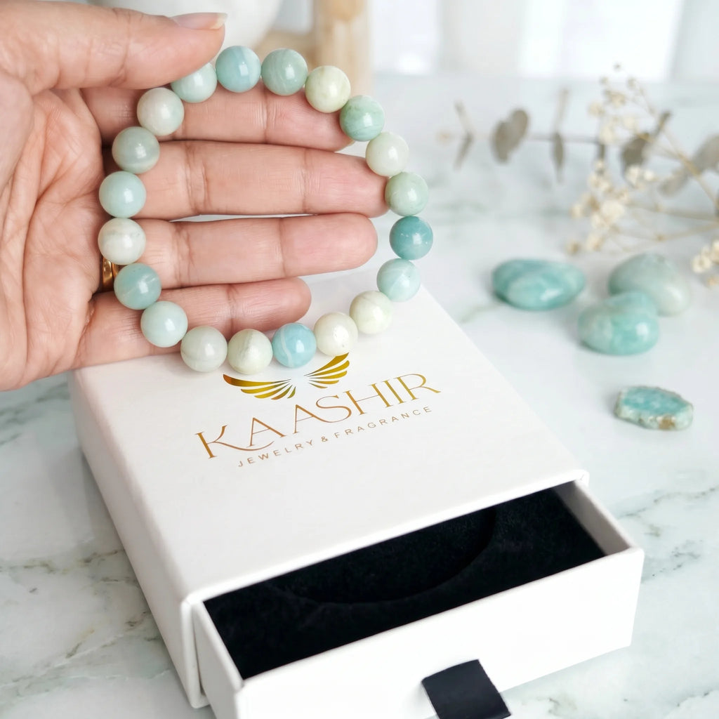 Amazonite bracelet natural blue-green crystal – throat chakra stone of courage