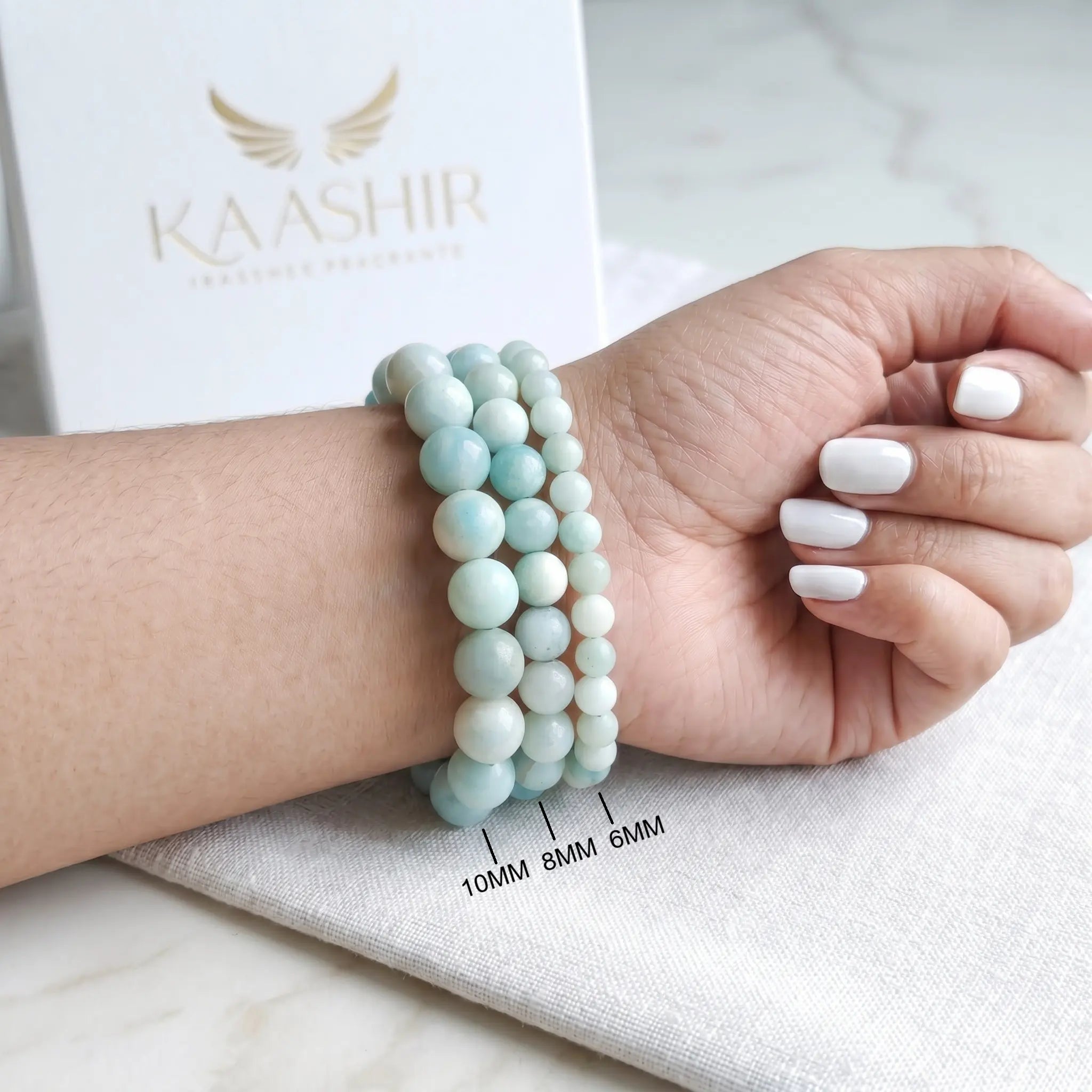 Amazonite bracelet worn on wrist – natural crystal bracelet for calm and communication