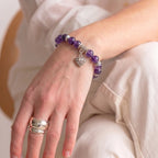 Sterling silver heart charm on amethyst beaded bracelet — handmade gemstone jewelry