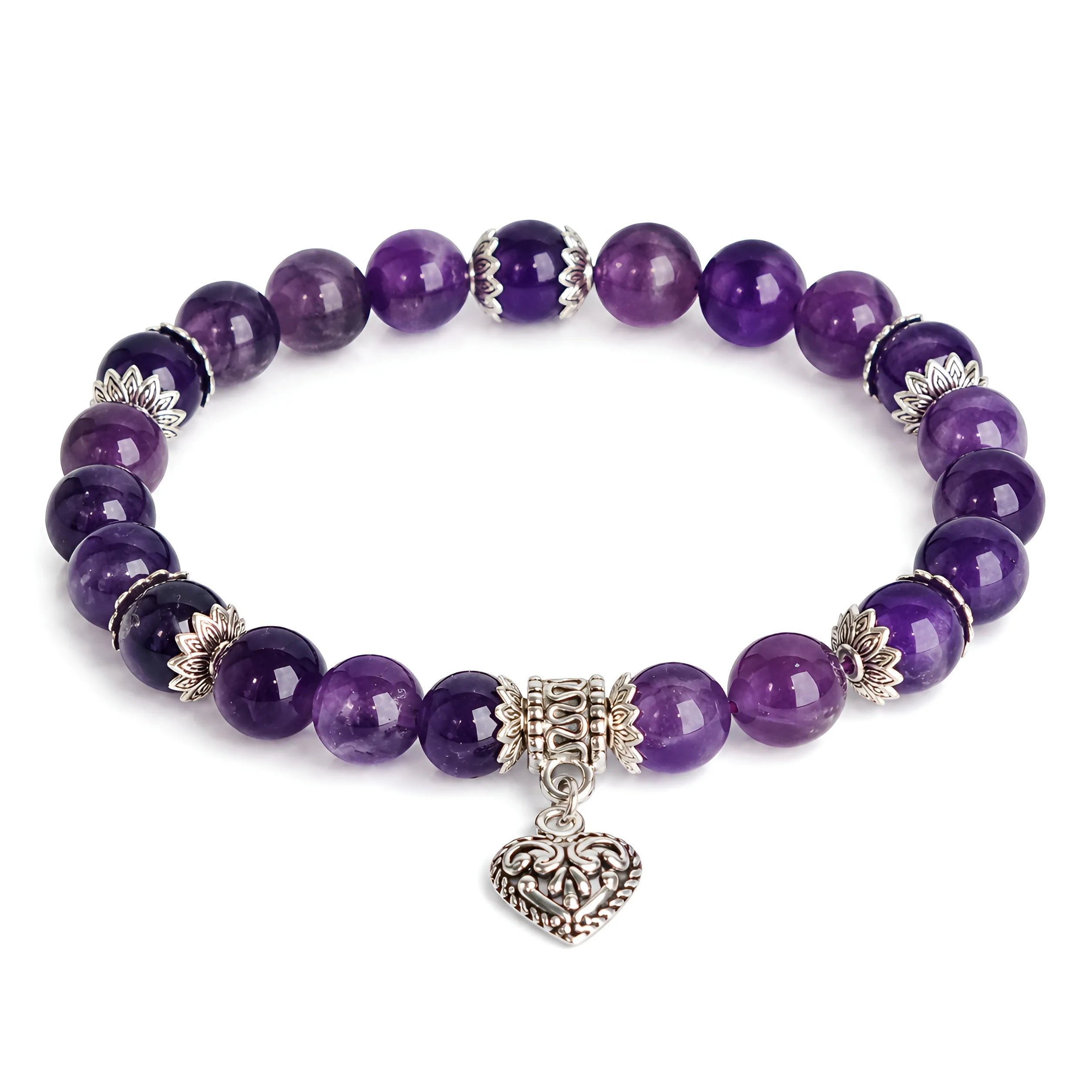 Amethyst heart charm bracelet 8mm — purple gemstone beads with silver heart charm by Kaashir