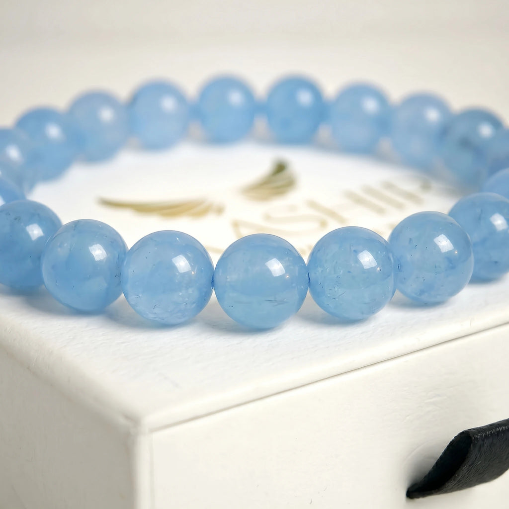 aquamarine bead bracelet natural stone beads close up blue green