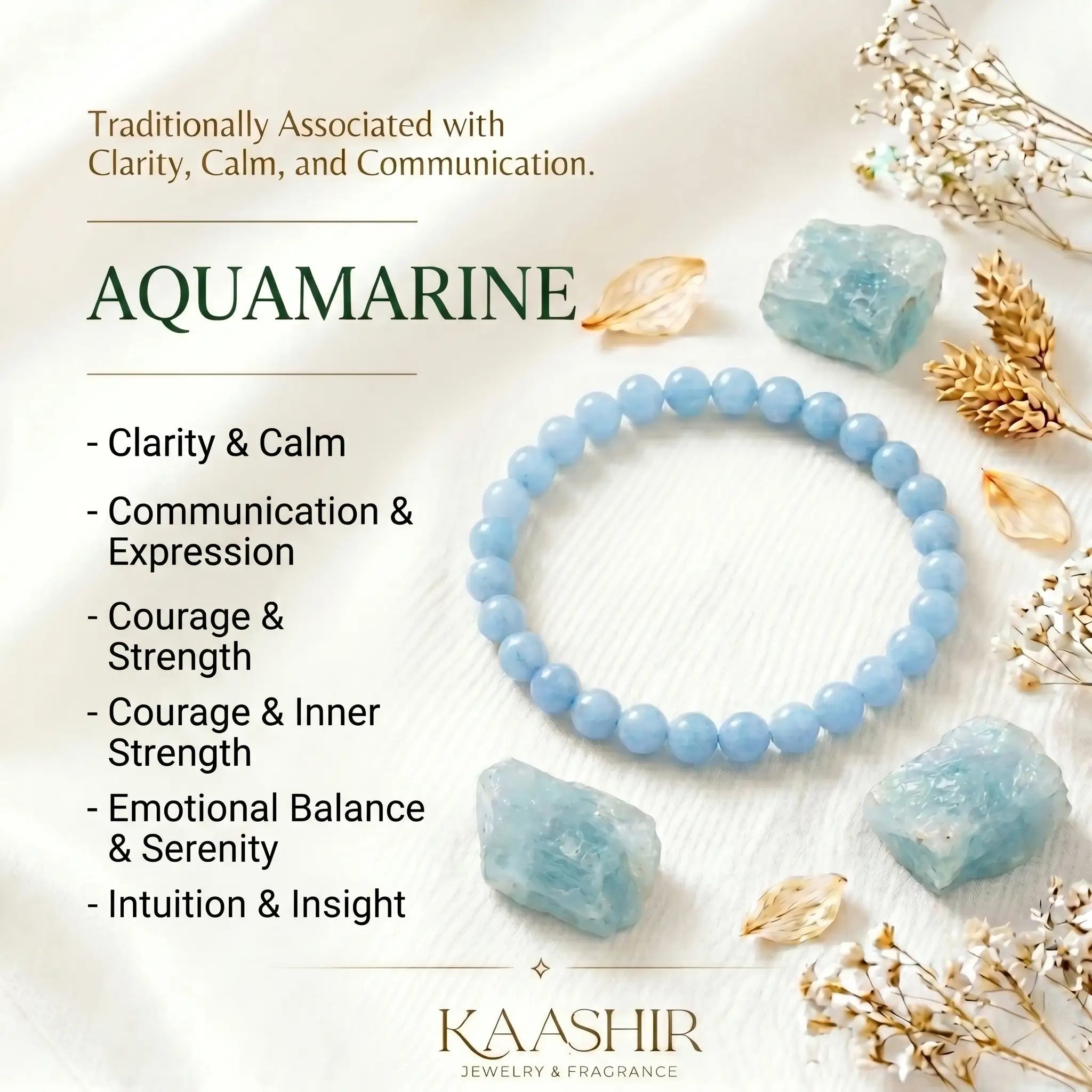 aquamarine bracelet benefits meaning calm Clarity Communication & throat chakra