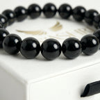 Black agate bead bracelet close up – deep black natural gemstone beads