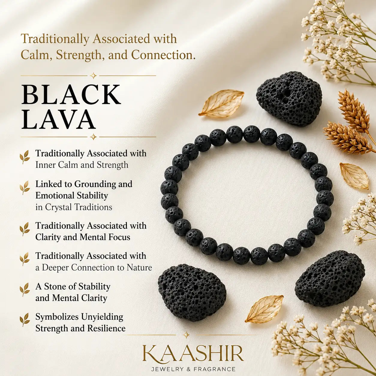 Black Lava Stone bracelet meaning calm strength and connection Kaashir 