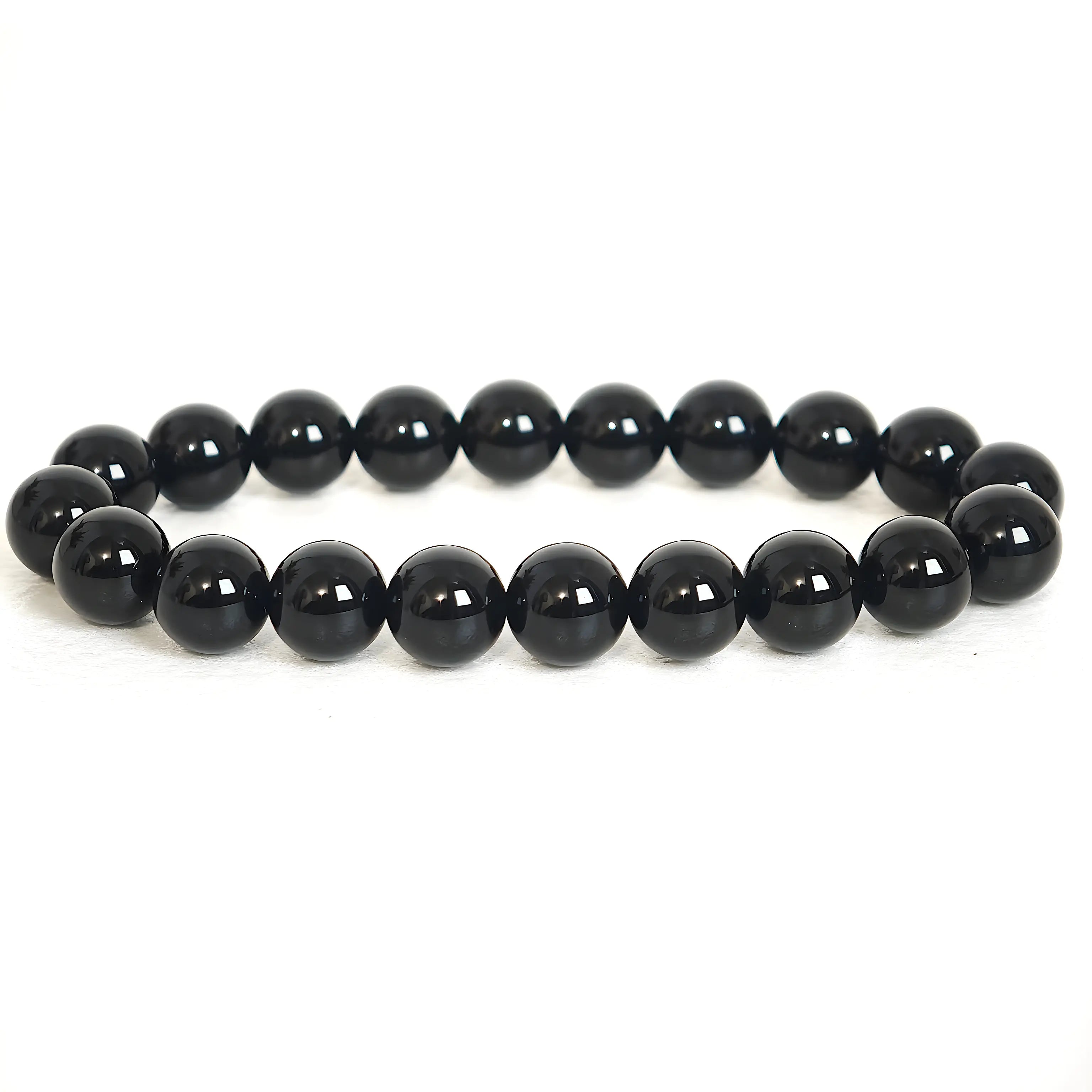 High-quality 10mm black obsidian beaded bracelet with a glossy finish.