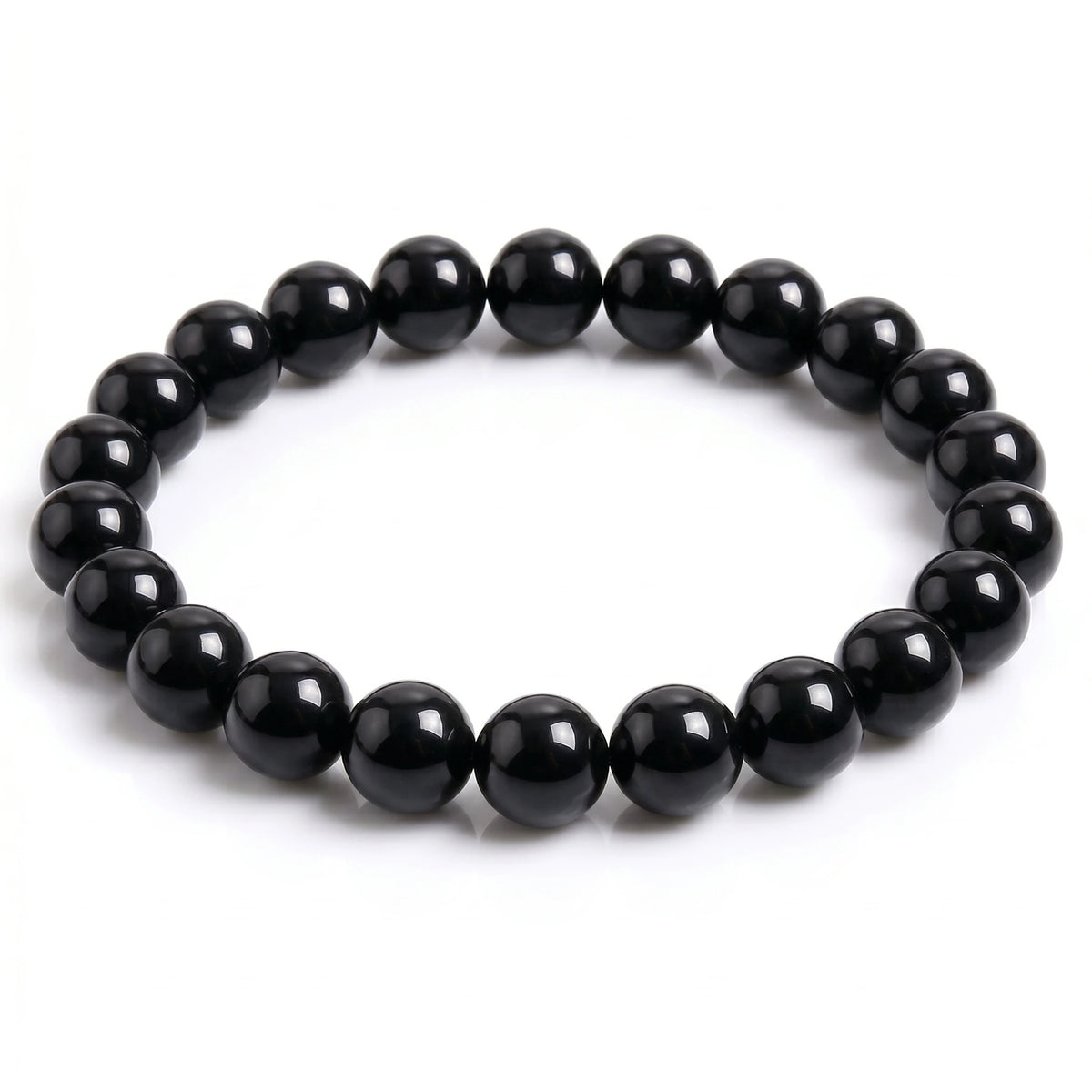 Black obsidian beaded bracelet with glossy round beads on a white background