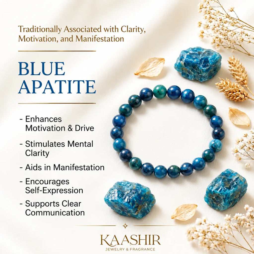 apatite bracelet benefits meaning focus motivation clarity Manifestation throat & Third eye chakra