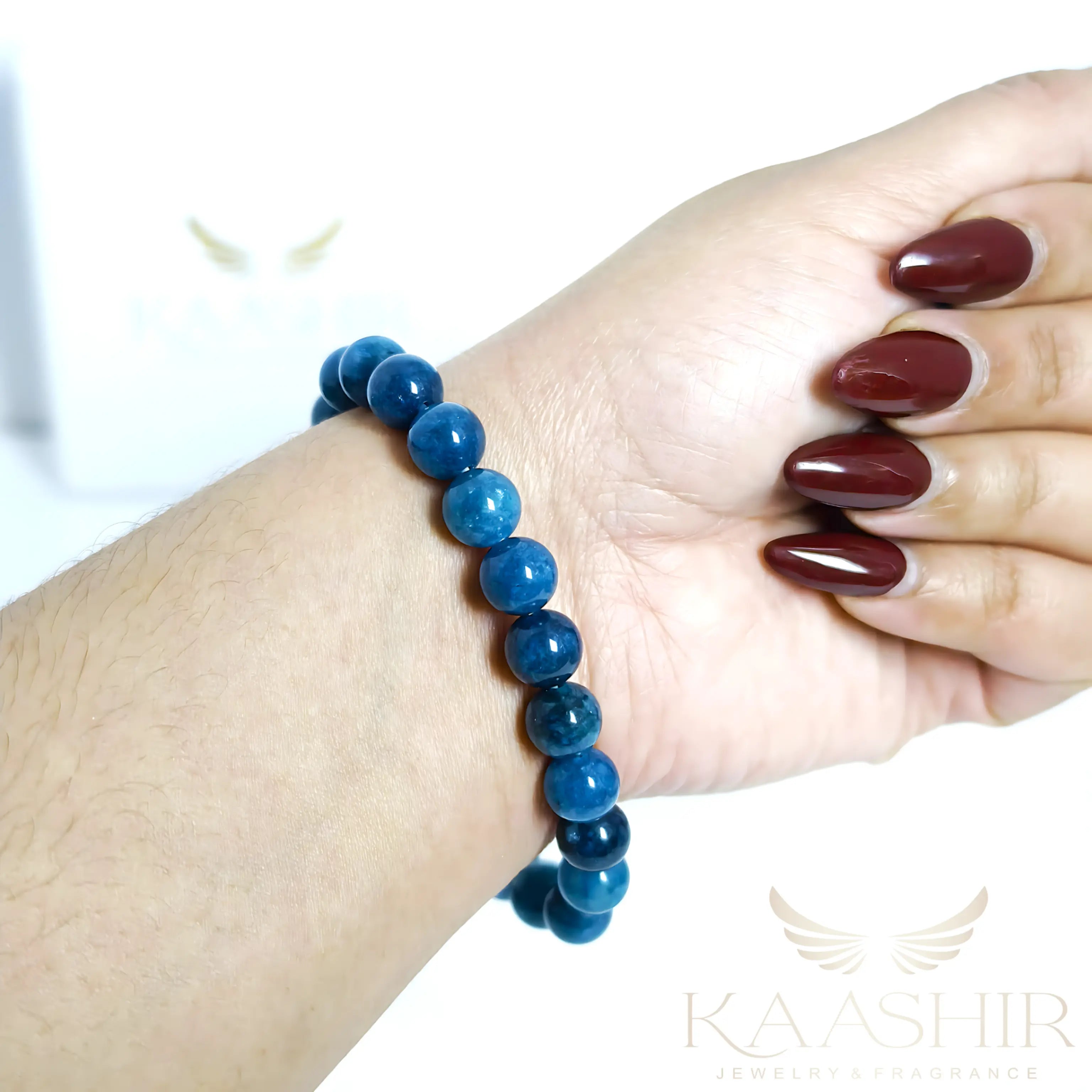 Blue apatite gemstone bracelet worn on wrist for stylish and elegant everyday look