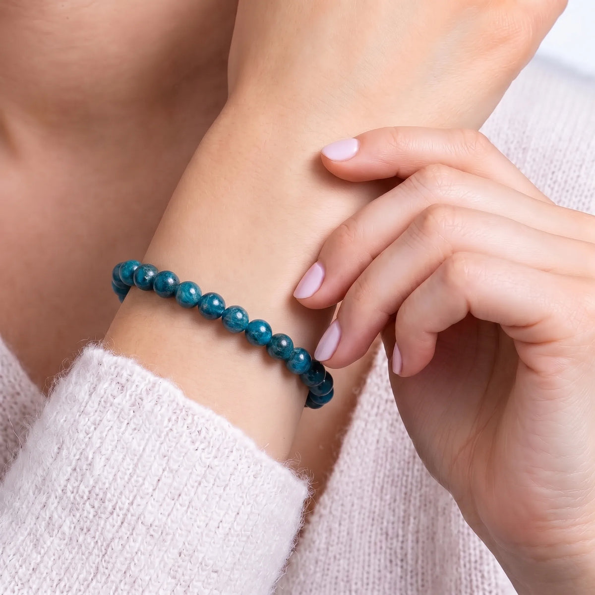 Blue Apatite 6mm Beaded Gemstone Bracelet worn on wrist – Kaashir Jewelry
