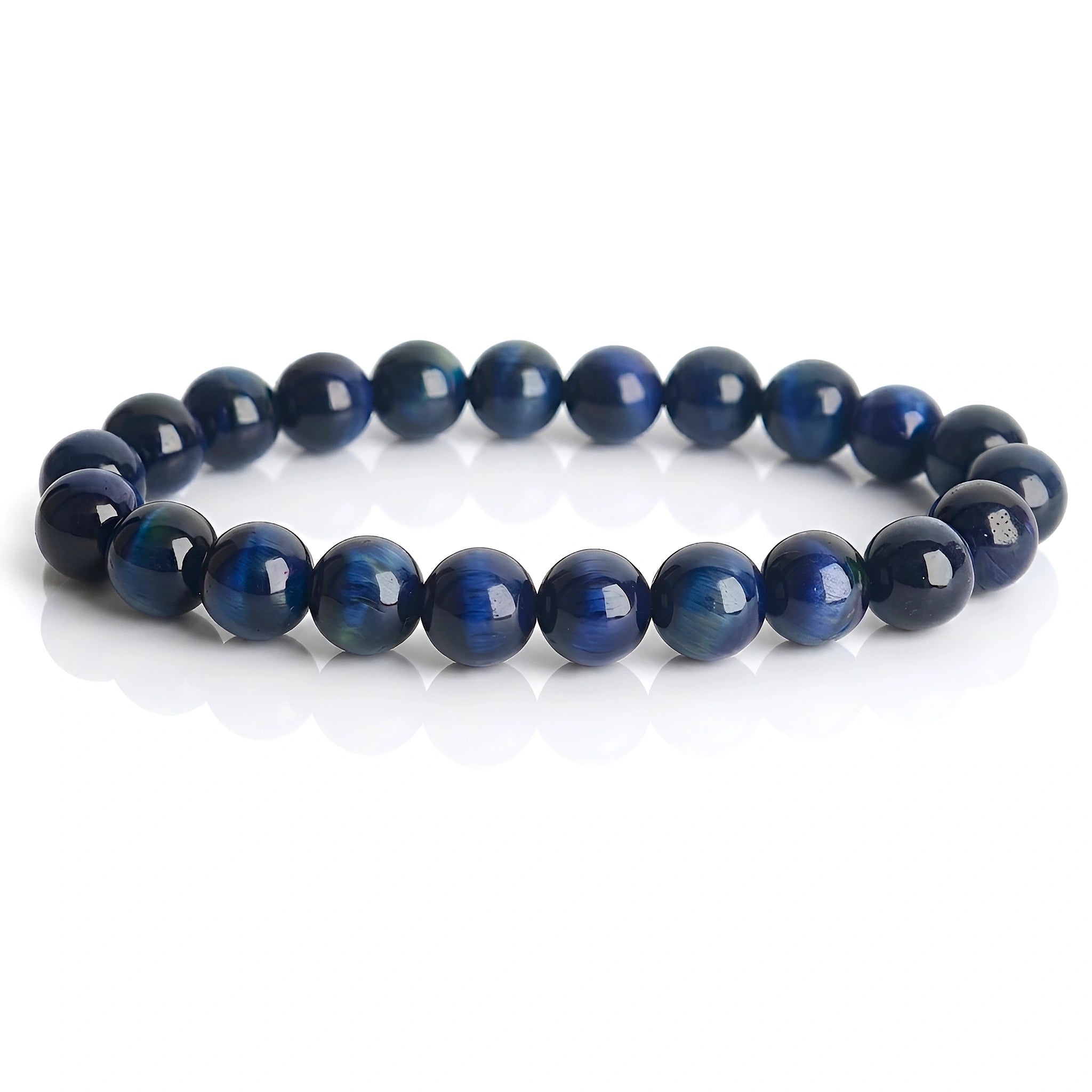 Blue Tiger Eye bracelet with polished beads for protection, focus, and stylish everyday wear