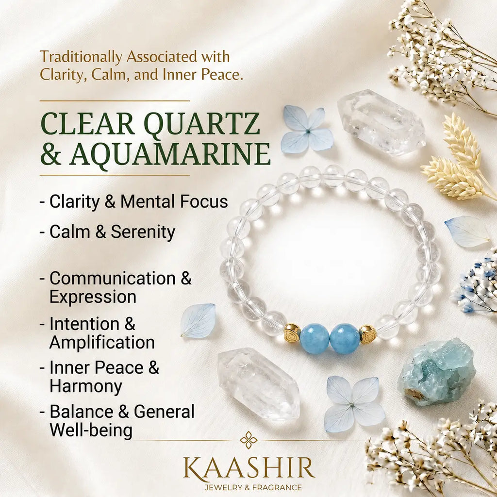 Aquamarine & clear quartz bracelet shown from different angles