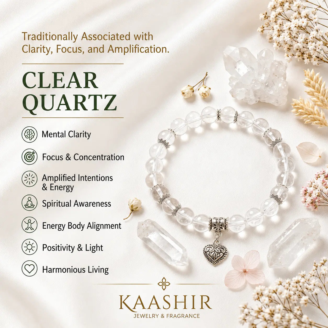 Clear quartz bracelet 8mm beads on wrist — everyday crystal charm bracelet Kaashir