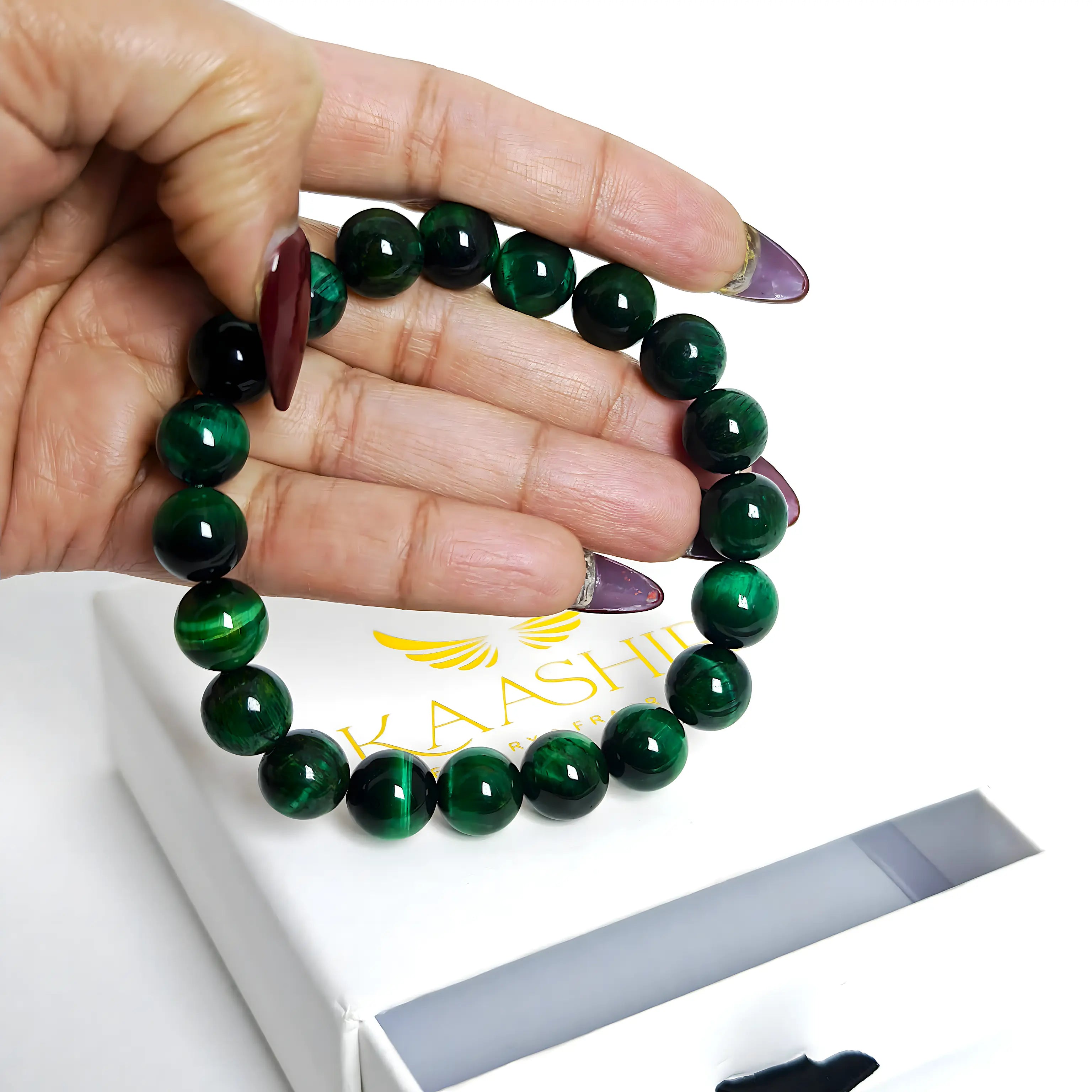 Luxury green tiger eye bracelet with rich green tones and high-quality beads